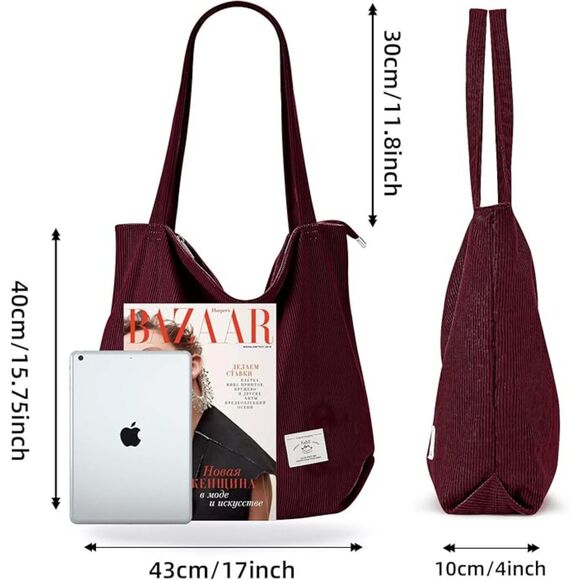 Women Red Imported Corduroy Casual Big Capacity Shoulder Tote Handbag - Picture 2 of 4